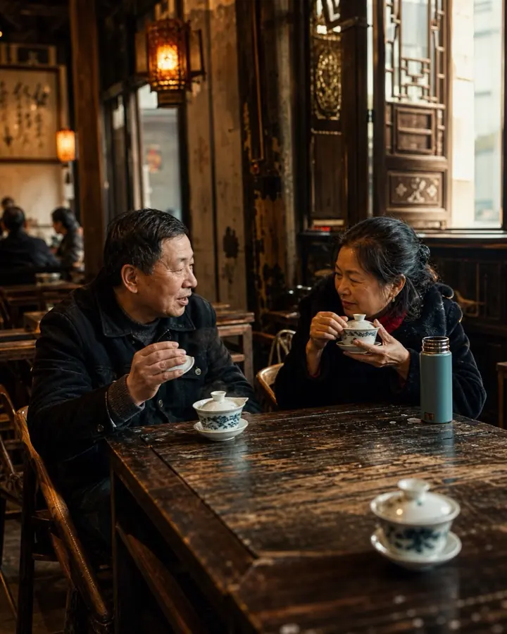 A connected traveler pausing in a traditional Chengdu tea space